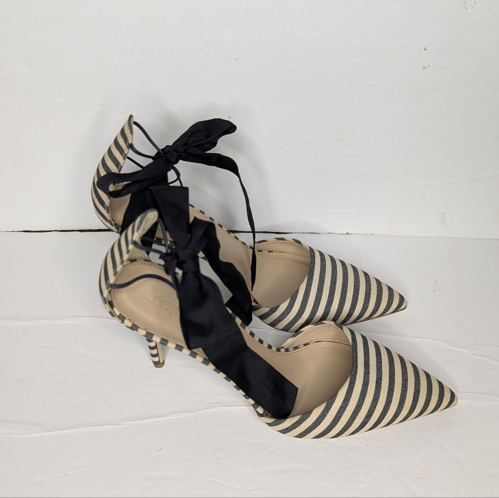 J. Crew Elsie Navy/Ecru Striped Canvas d'Orsay Pumps w Ribbon Ankle Tie Size 9